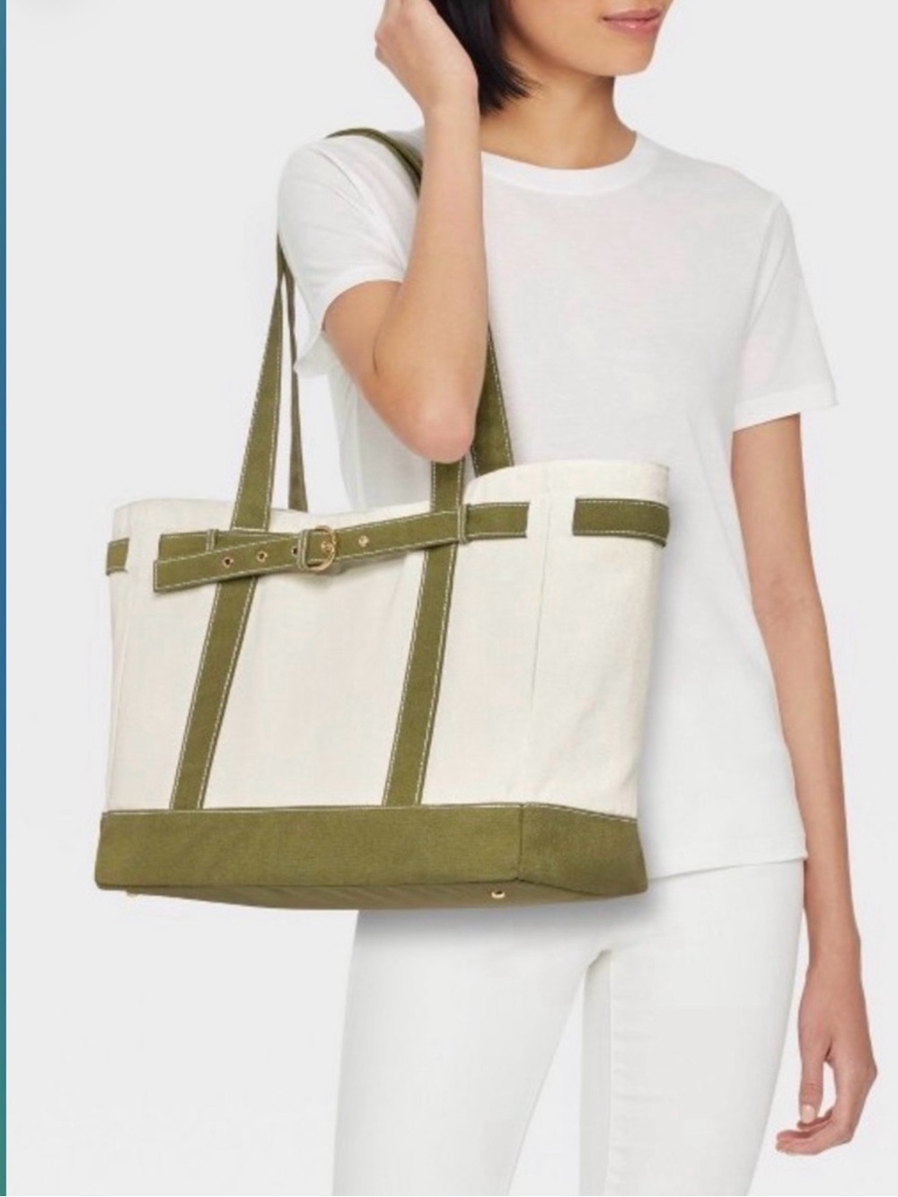 Cream and Olive Canvas Tote with Belt Detail